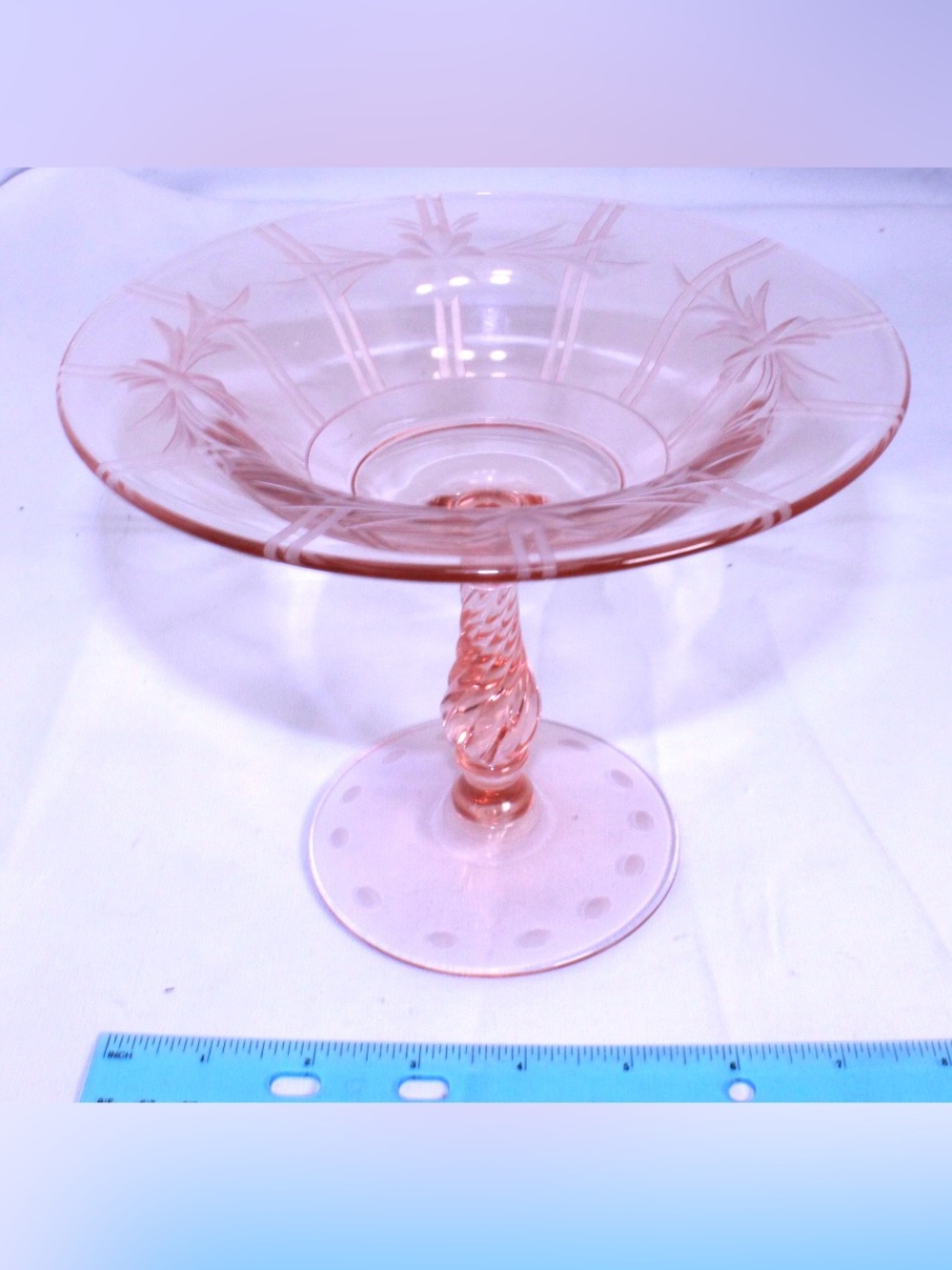 Vintage Pink Depression Glass Pedestal Compote Bowl - Etched Floral Art Deco